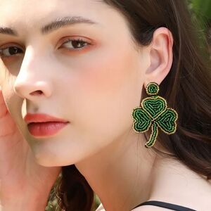 New GLASS SEED BEAD CLOVER St. Patrick's Day Statement earrings